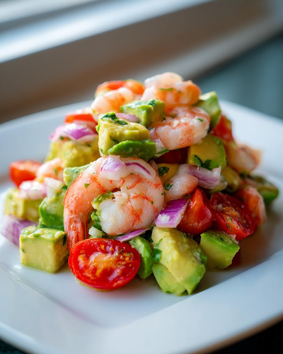 Close-up of a vibrant shrimp avocado salad featuring large shrimp, diced avocado, cherry tomatoes, and red onion.
