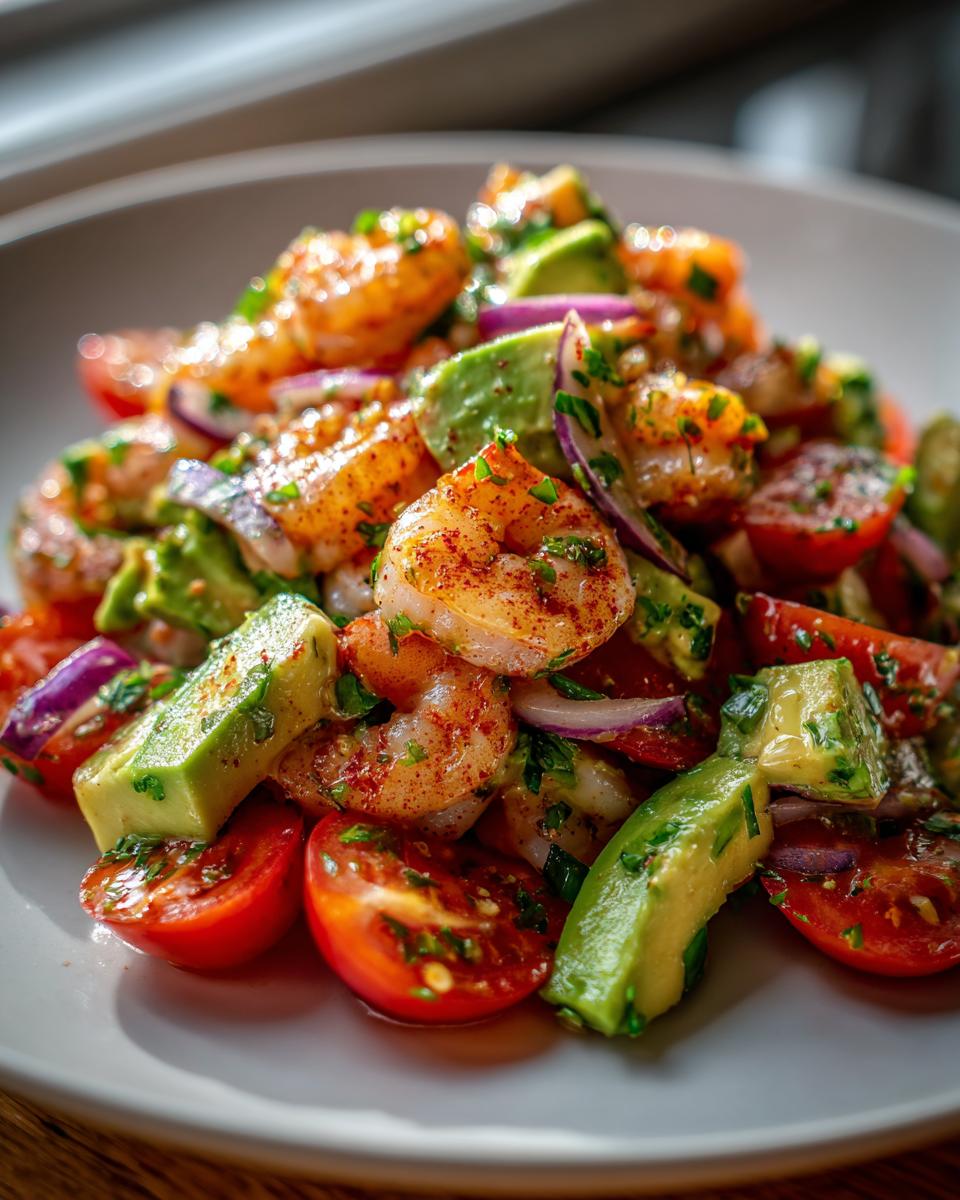 Close-up of a vibrant shrimp avocado salad featuring seasoned shrimp, diced avocado, cherry tomatoes, and red onion.