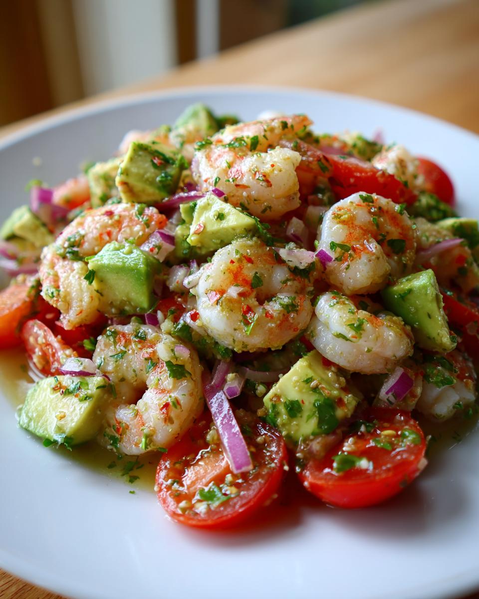 A close-up of a vibrant shrimp avocado salad featuring cooked shrimp, diced avocado, cherry tomatoes, and red onion.
