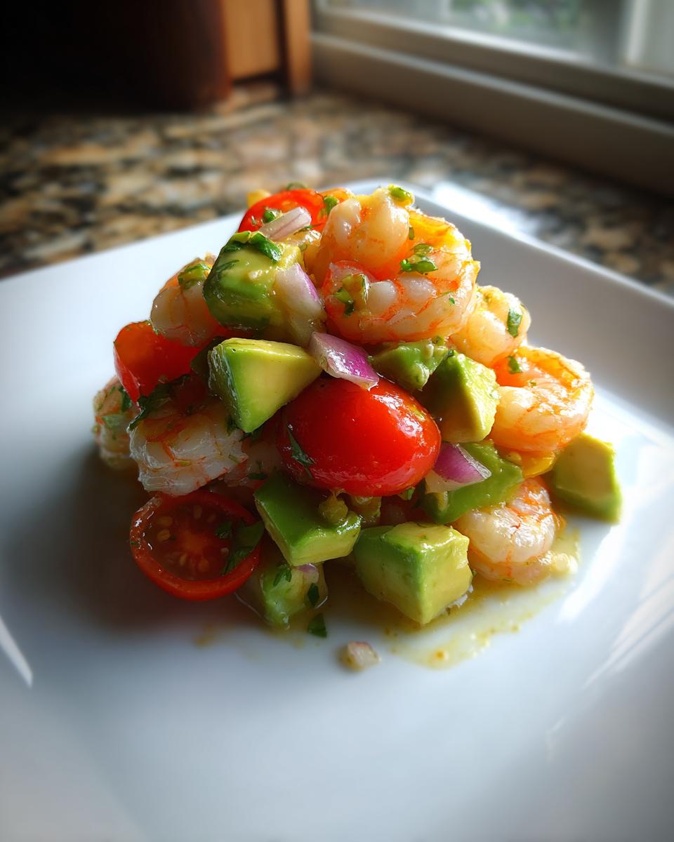 A beautiful mound of shrimp avocado salad featuring cooked shrimp, diced avocado, cherry tomatoes, and red onion on a white plate.