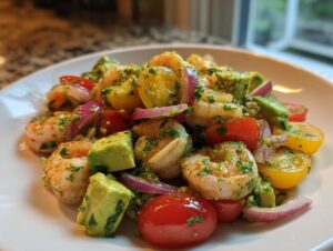 Close-up of a vibrant shrimp avocado salad featuring cooked shrimp, avocado chunks, halved cherry tomatoes, and red onion.