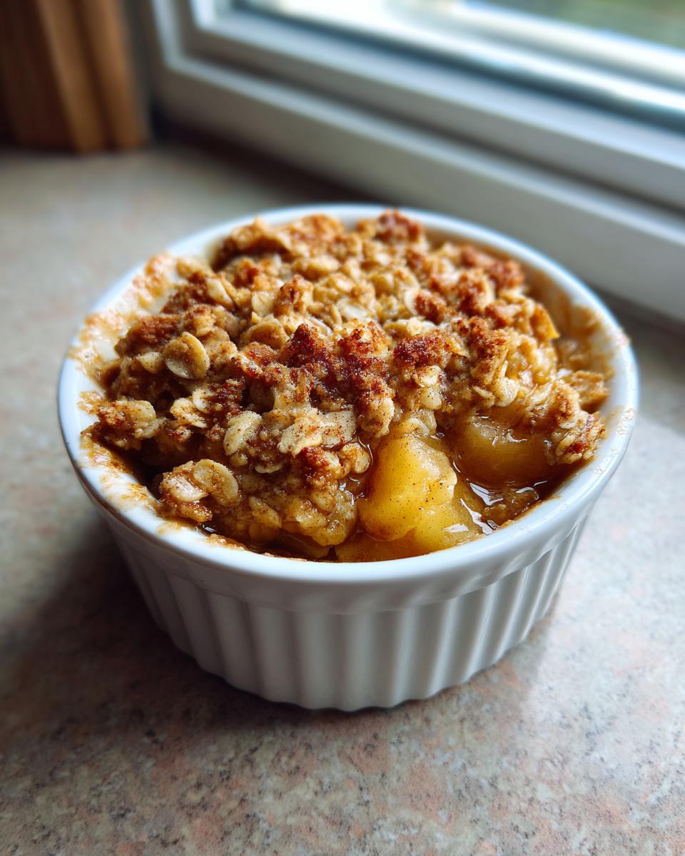 A close-up of delicious mini apple crisps baked in a white ramekin with a golden oat topping.
