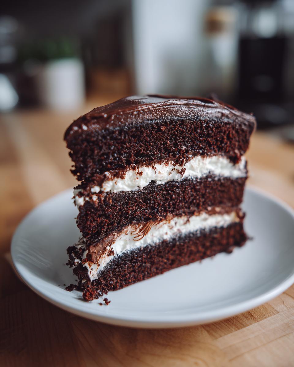 A rich slice of three-layer chocolate cake featuring white frosting and a layer of chocolate ganache filling for cake.