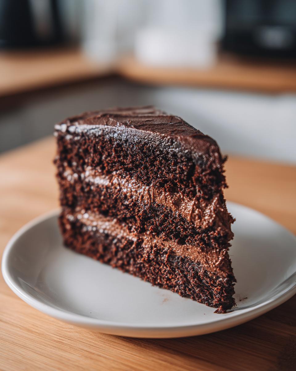 A decadent slice of dark chocolate cake featuring layers of moist cake and rich chocolate ganache filling for cake.