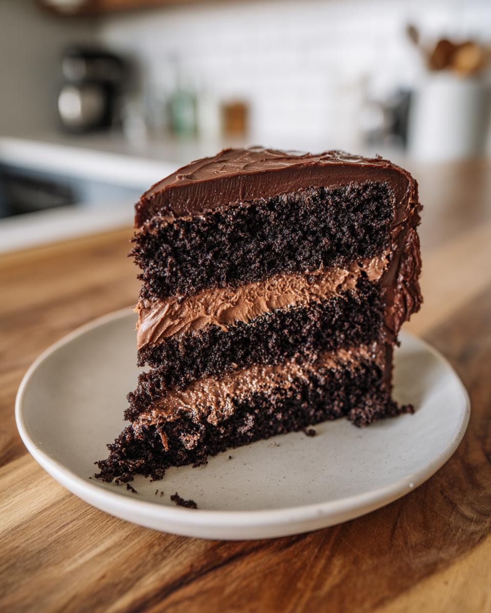 A decadent slice of dark chocolate layer cake featuring a rich chocolate ganache filling for cake.