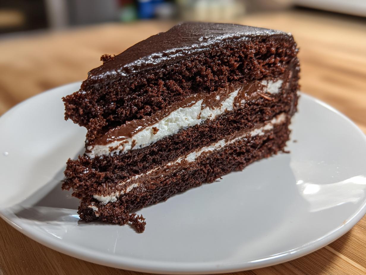 A slice of rich, dark chocolate cake featuring layers of white frosting and smooth chocolate ganache filling for cake.