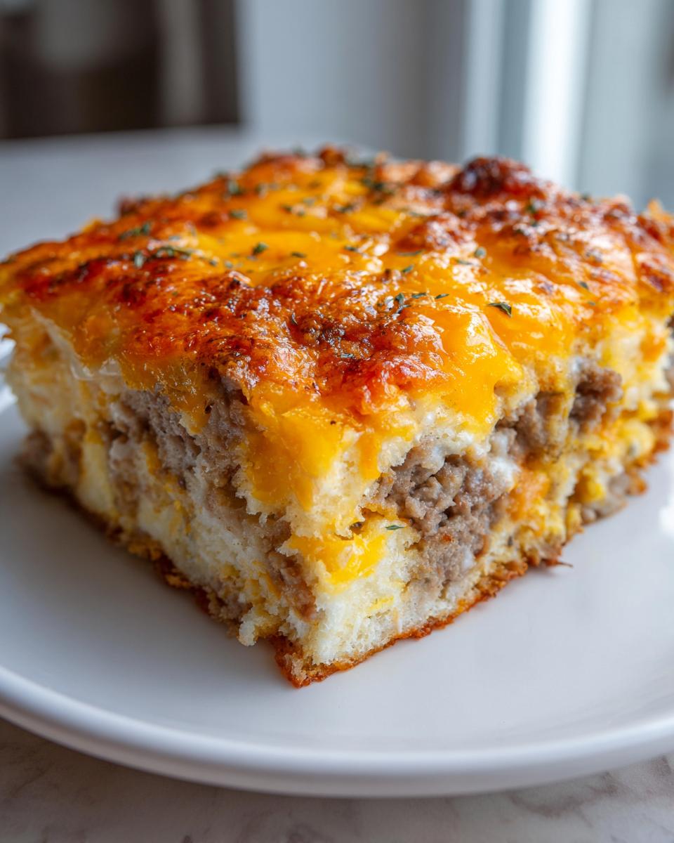 A square slice of crockpot breakfast casserole featuring sausage, eggs, and a thick layer of melted, browned cheddar cheese.