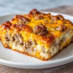 A close-up of a hearty slice of crockpot breakfast casserole topped with melted cheddar cheese and sausage.