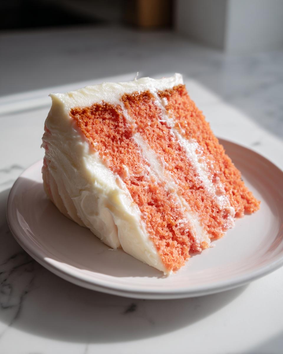 A close-up slice of moist, pink hawaiian guava cake layered and covered in thick white cream cheese frosting.