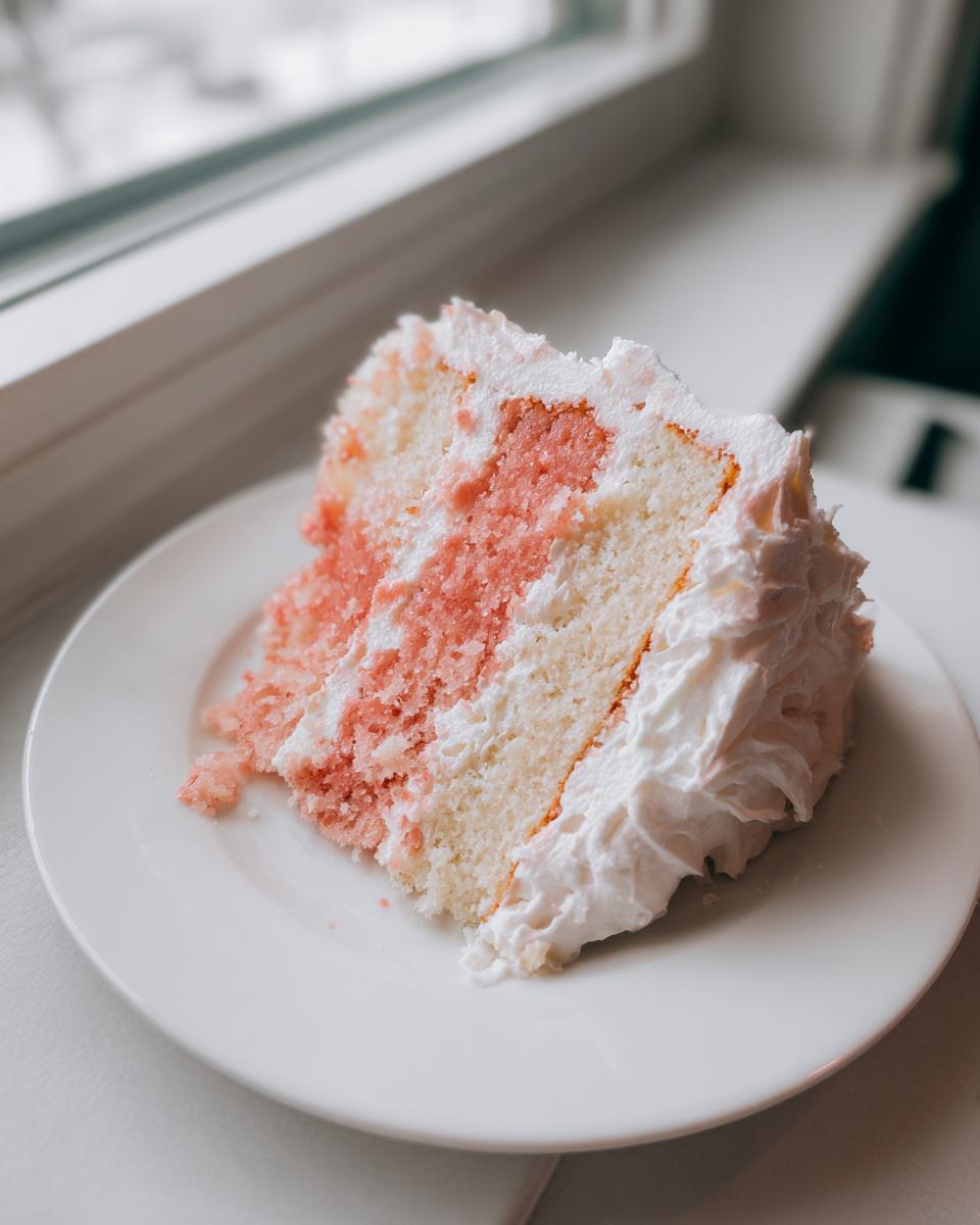 A slice of layered hawaiian guava cake with pink and white sponge, served on a white plate.