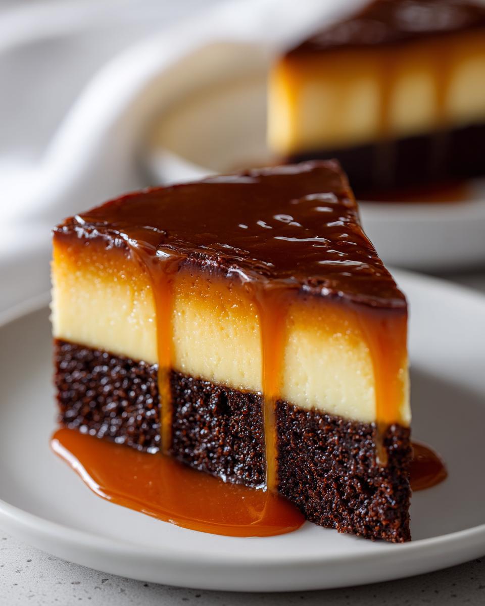 A rich slice of chocoflan showing the distinct chocolate cake and flan layers, topped with dripping caramel sauce.