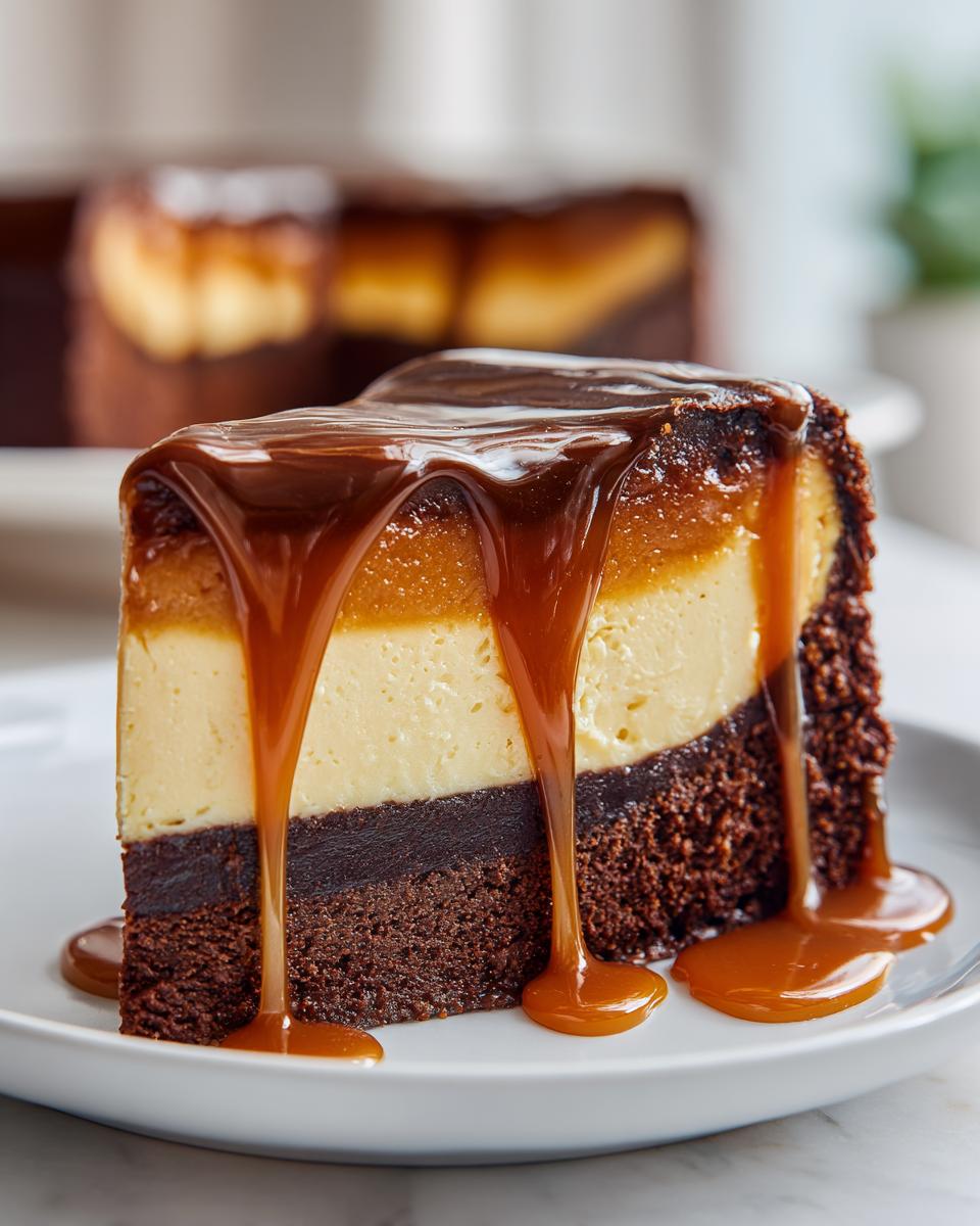 A tall, layered slice of chocoflan cake with a rich chocolate base, creamy layer, and caramel topping, heavily drizzled with caramel sauce.