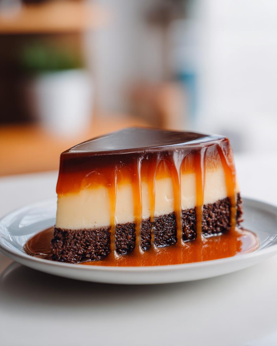 A perfect slice of chocoflan showing three distinct layers: dark chocolate cake, creamy flan, and a rich caramel topping dripping down the sides.