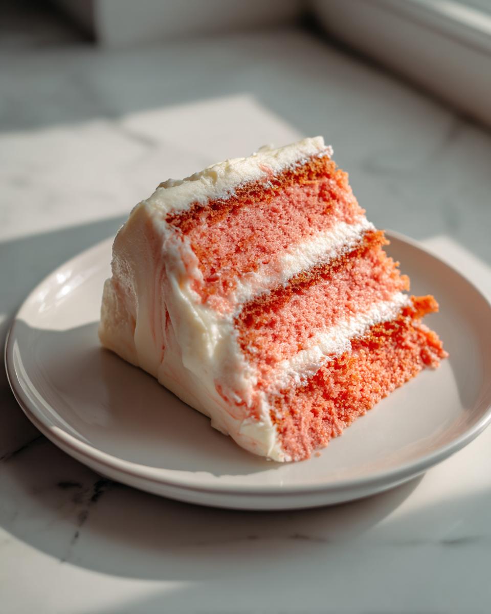 A close-up of a moist slice of pink hawaiian guava cake layered with white frosting, sitting on a light plate.