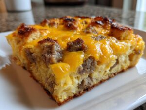 A close-up view of a hearty slice of crockpot breakfast casserole topped with melted cheddar cheese and sausage crumbles.