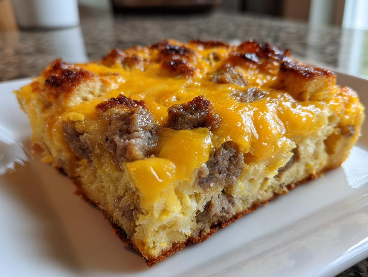 A close-up view of a hearty slice of crockpot breakfast casserole topped with melted cheddar cheese and sausage crumbles.