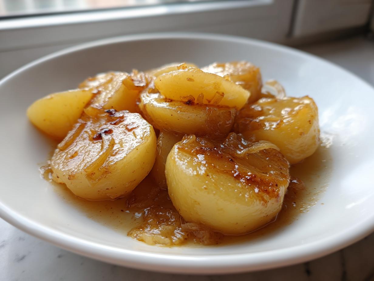 Close-up of tender, golden slow cooker lipton onion potatoes coated in a savory brown sauce served in a white bowl.