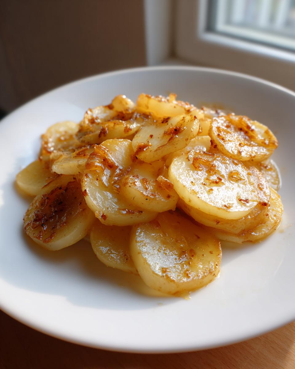 Close-up of tender, sliced slow cooker Lipton onion potatoes coated in savory sauce on a white plate.