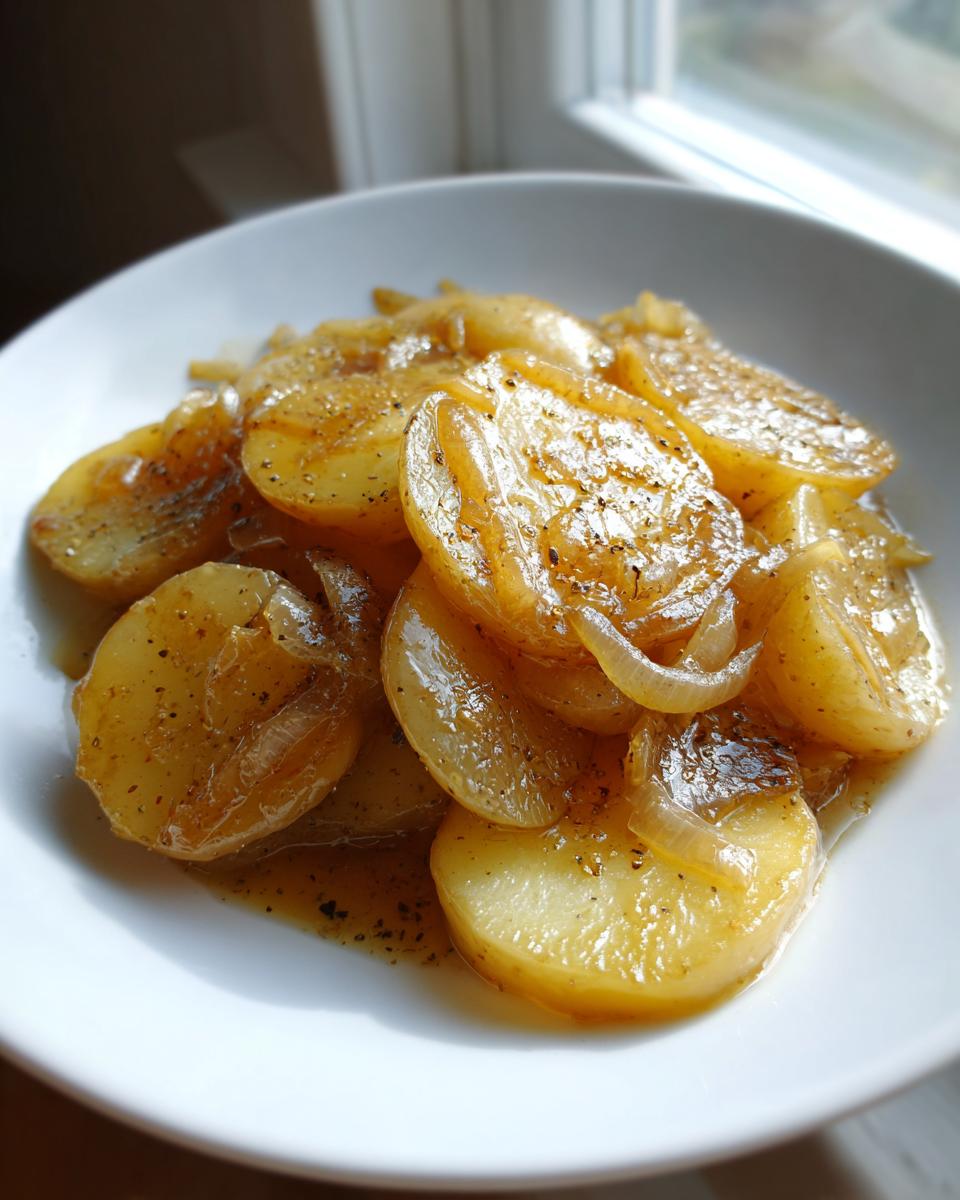 Close-up of tender, golden slow cooker lipton onion potatoes served in a white bowl with broth and pepper.