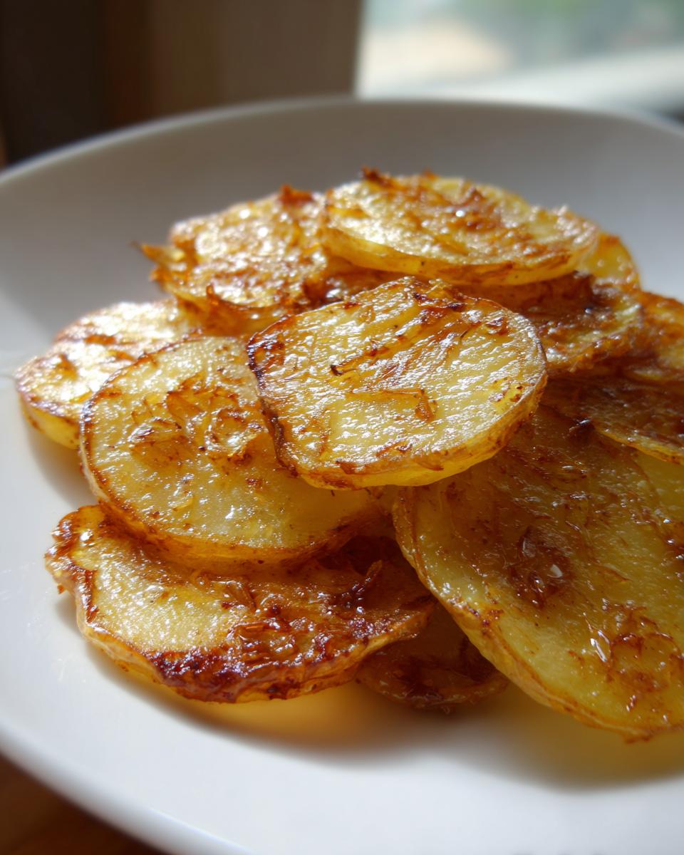 Close-up of golden, caramelized slices of slow cooker Lipton onion potatoes piled on a white plate.