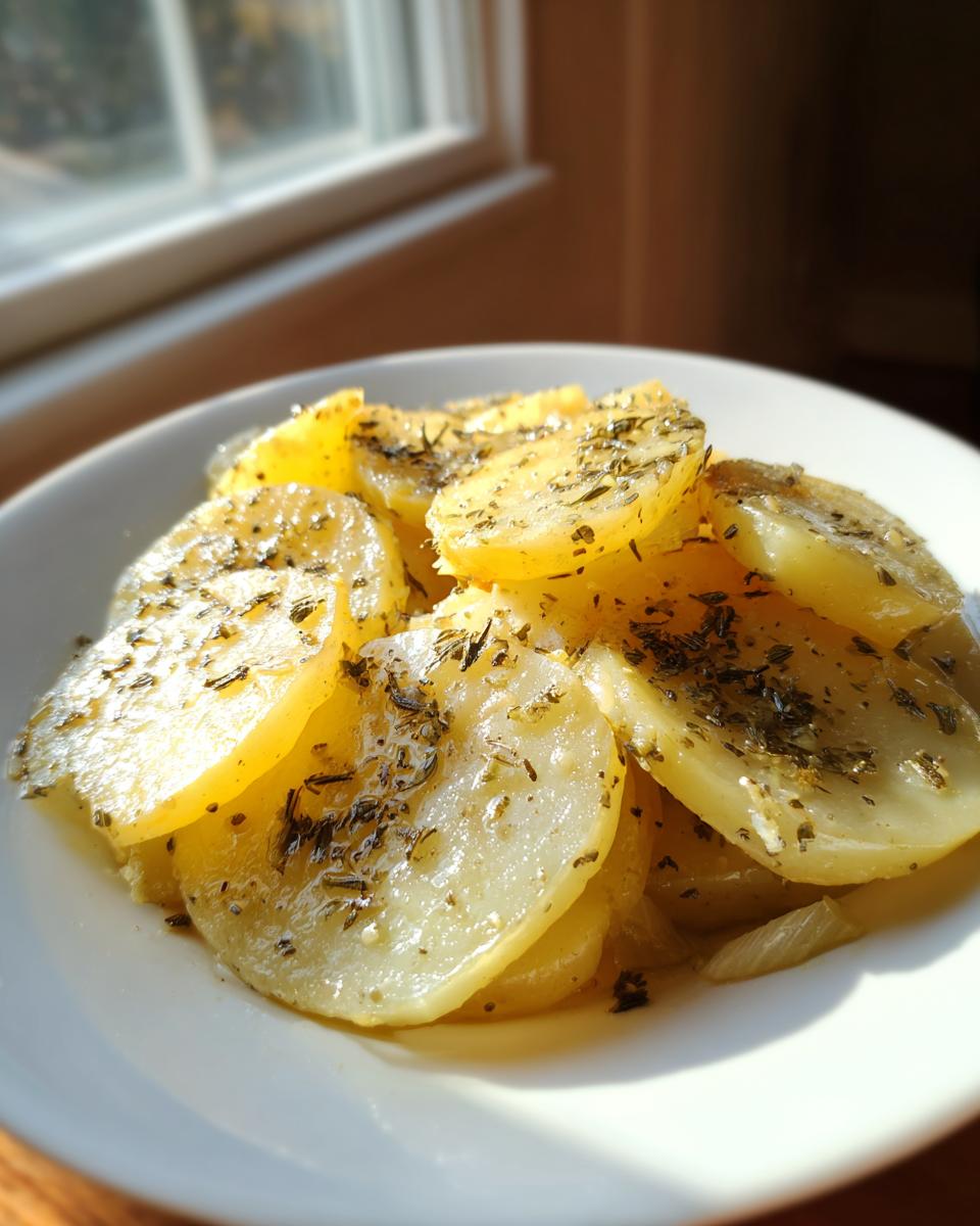 Close-up of tender, sliced slow cooker lipton onion potatoes seasoned with herbs on a white plate.