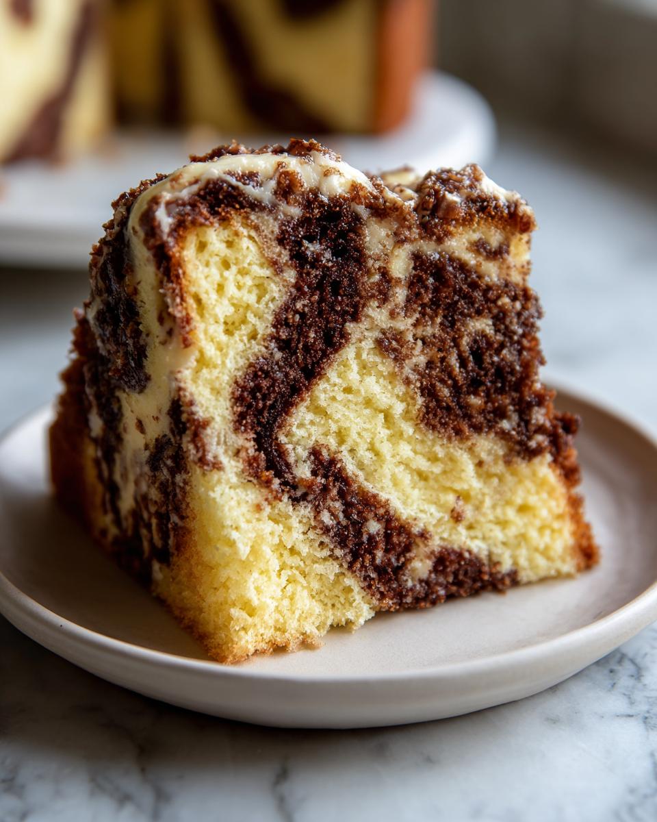 A close-up of a moist slice of sock-it-to-me cake showing the yellow and chocolate swirl, topped with cream cheese glaze and streusel.