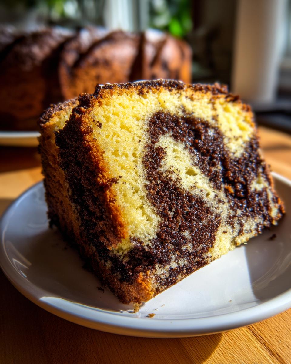 Close-up of a moist slice of sock-it-to-me cake showing a distinct yellow and dark chocolate marble swirl pattern.