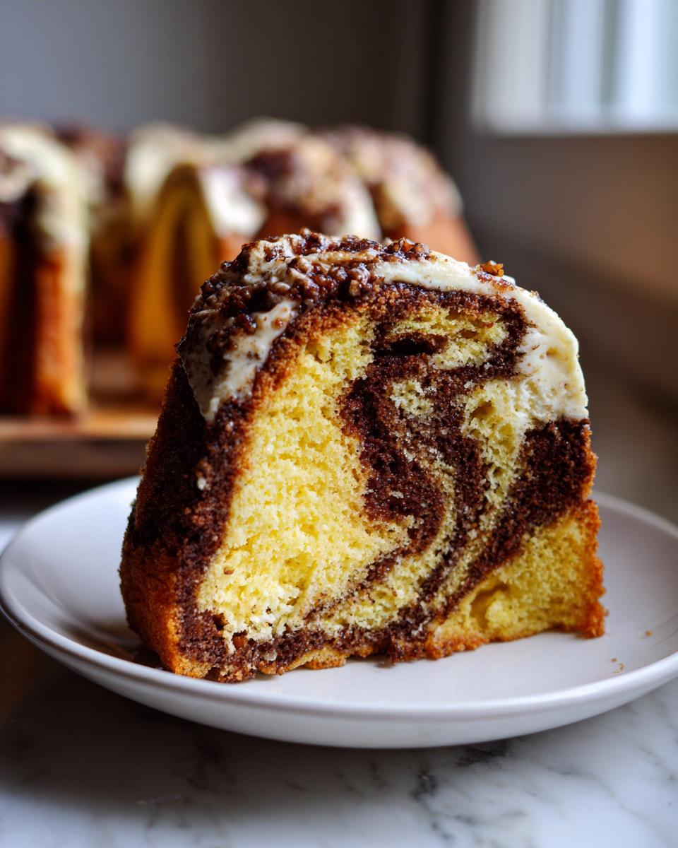 A close-up slice of marbled sock-it-to-me cake showing yellow and chocolate swirls, topped with cream cheese frosting and pecans.