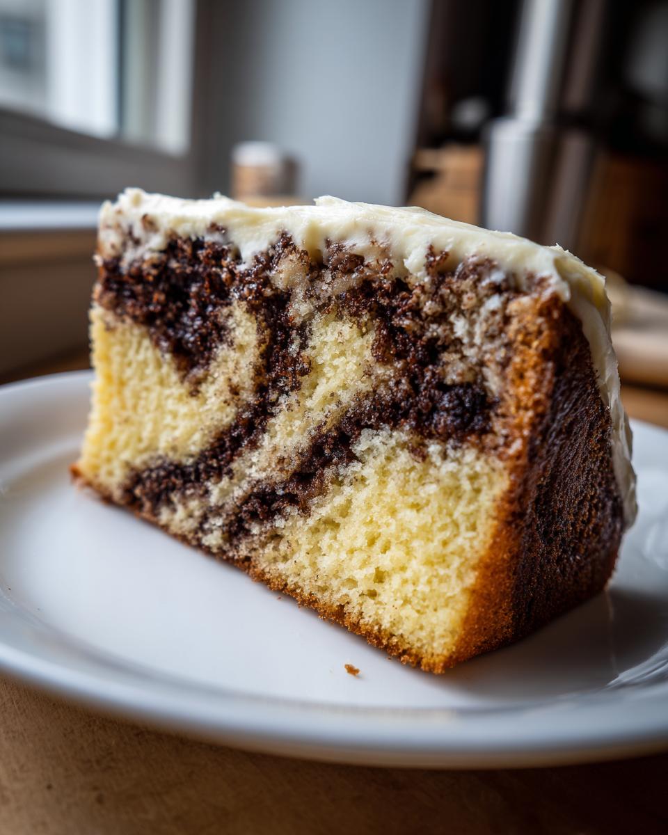 A close-up slice of moist sock-it-to-me cake showing a beautiful vanilla and cinnamon swirl, topped with thick cream cheese frosting.