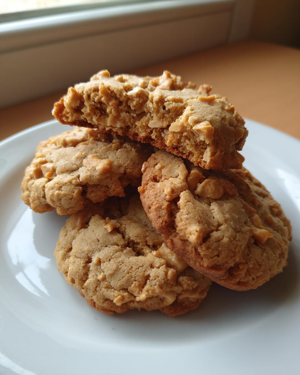 A stack of four softest peanut butter cookies, one broken open to show the moist interior texture.