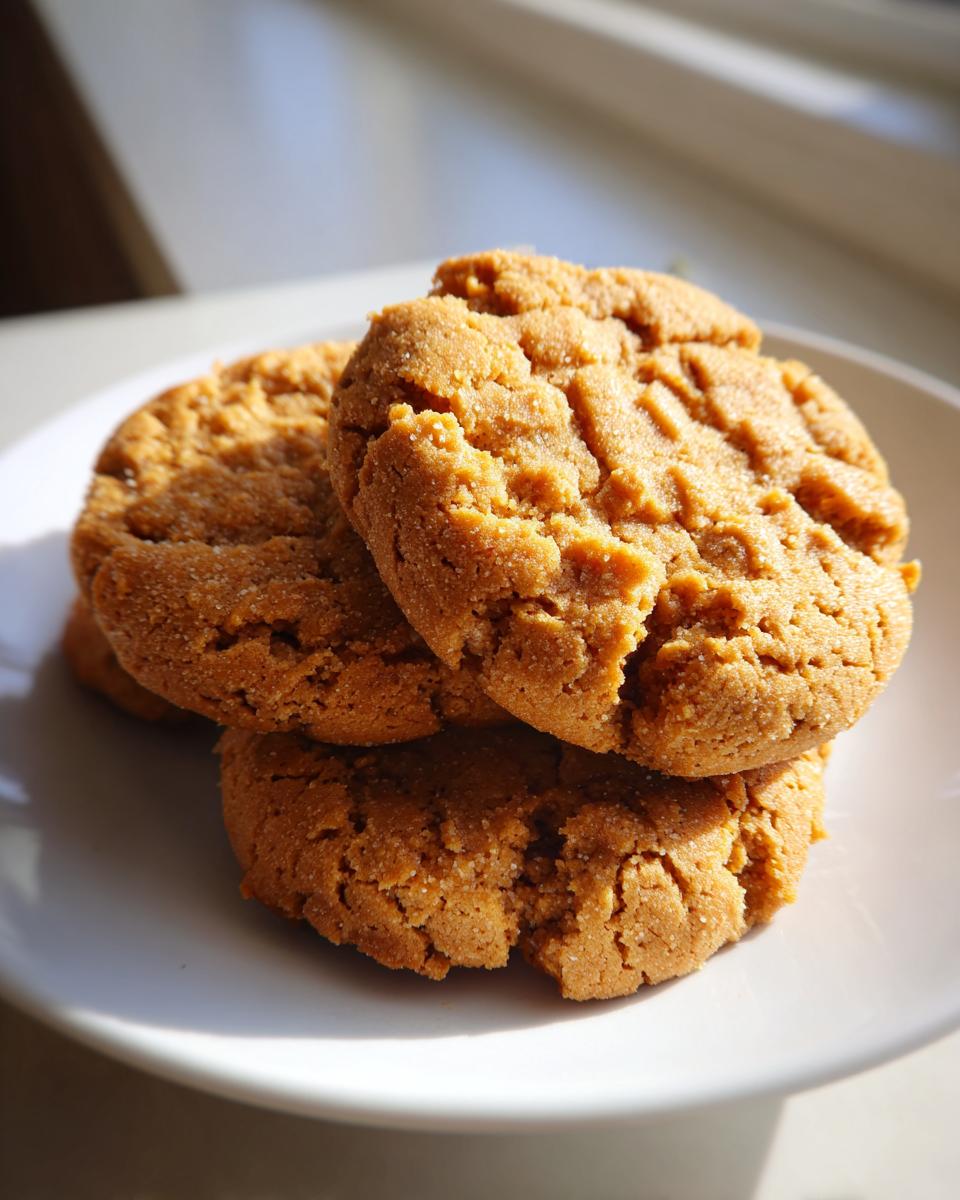 A small stack of three softest peanut butter cookies with classic fork marks, sitting on a white plate near a window.