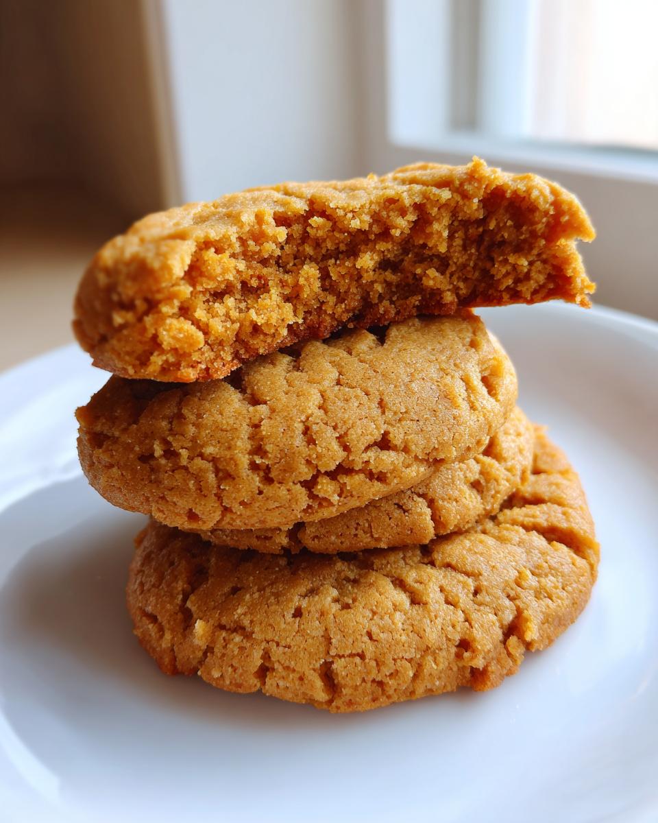 Close-up of a stack of three softest peanut butter cookies on a white plate, with the top cookie broken in half showing the moist interior.