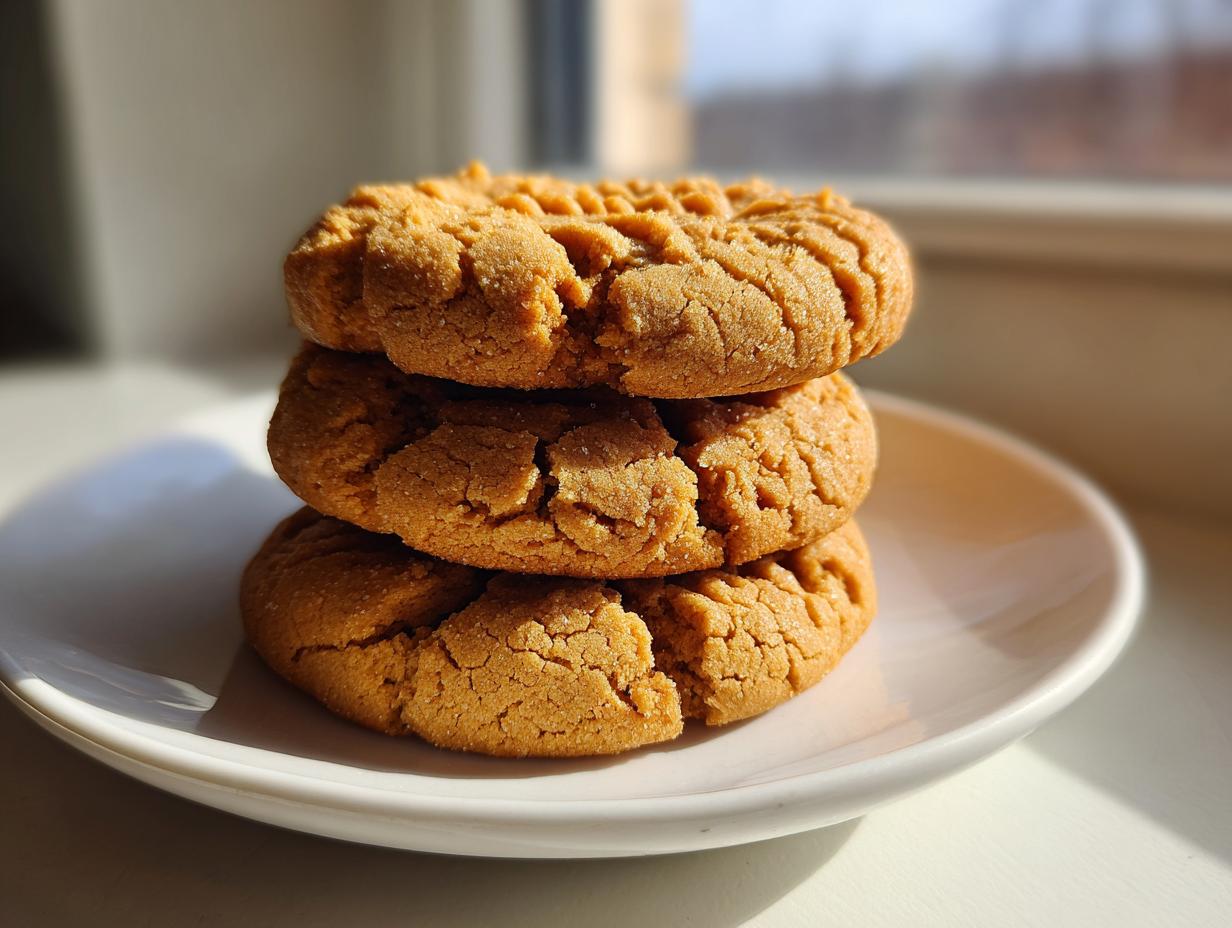 Three softest peanut butter cookies stacked on a small white plate, featuring classic fork marks.