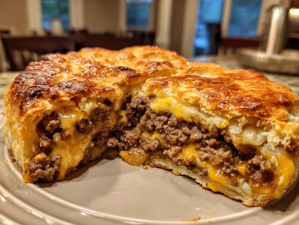 A slice cut from a golden brown southern style cheeseburger pie, revealing a rich filling of seasoned ground beef and melted cheddar cheese.