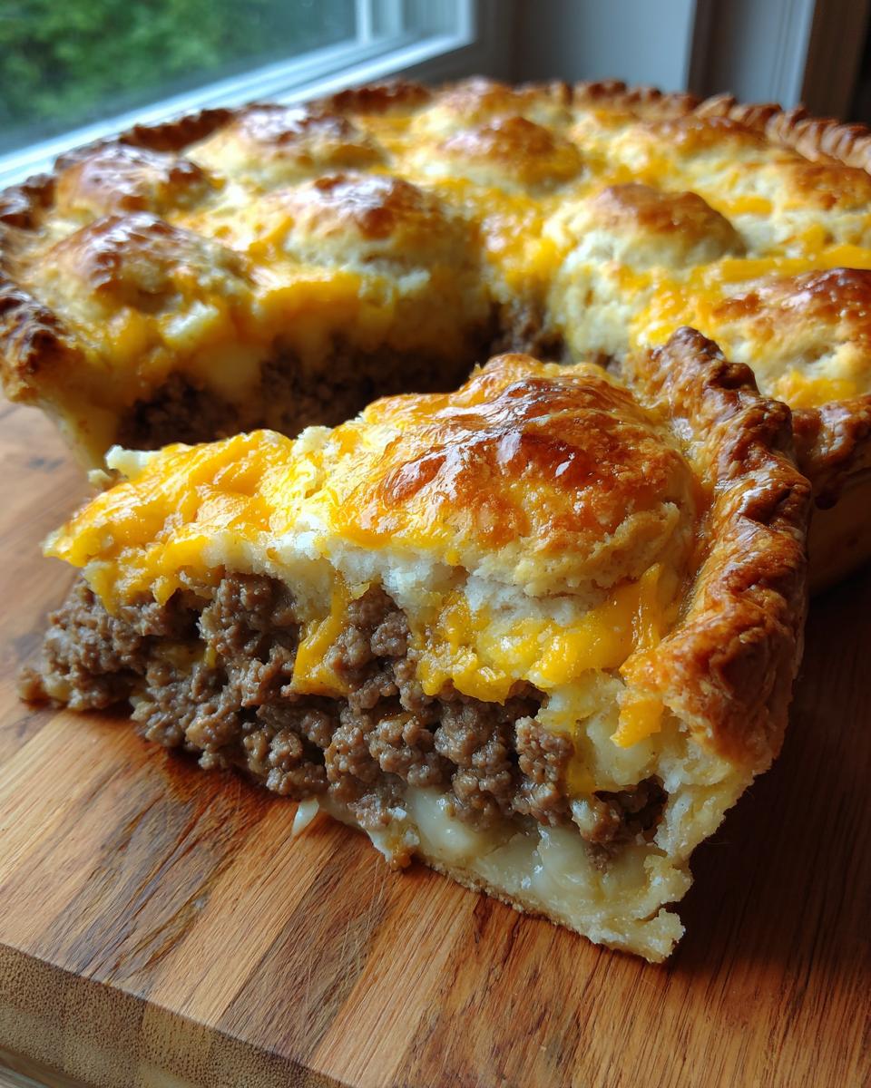 A slice of southern style cheeseburger pie showing a thick layer of seasoned ground beef filling and melted cheddar cheese on a golden crust.