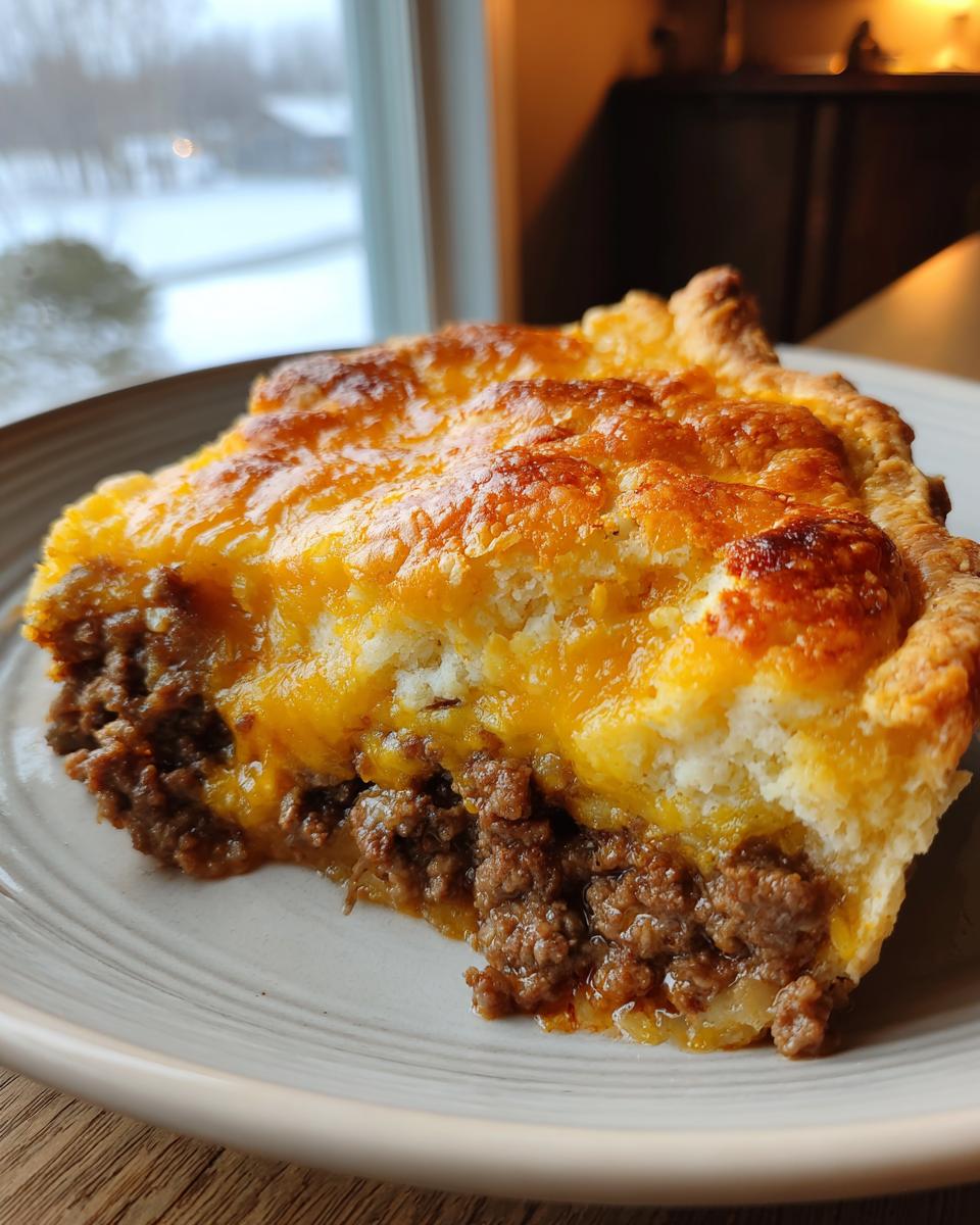 A generous slice of southern style cheeseburger pie showing a savory ground beef layer topped with a biscuit crust and melted cheddar cheese.