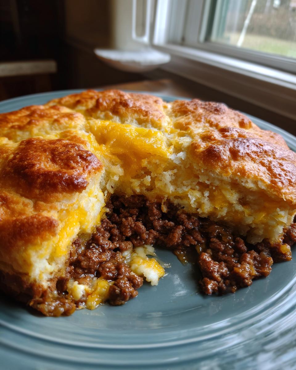 A close-up of a slice taken out of a southern style cheeseburger pie, showing the savory ground beef filling and cheesy biscuit crust.