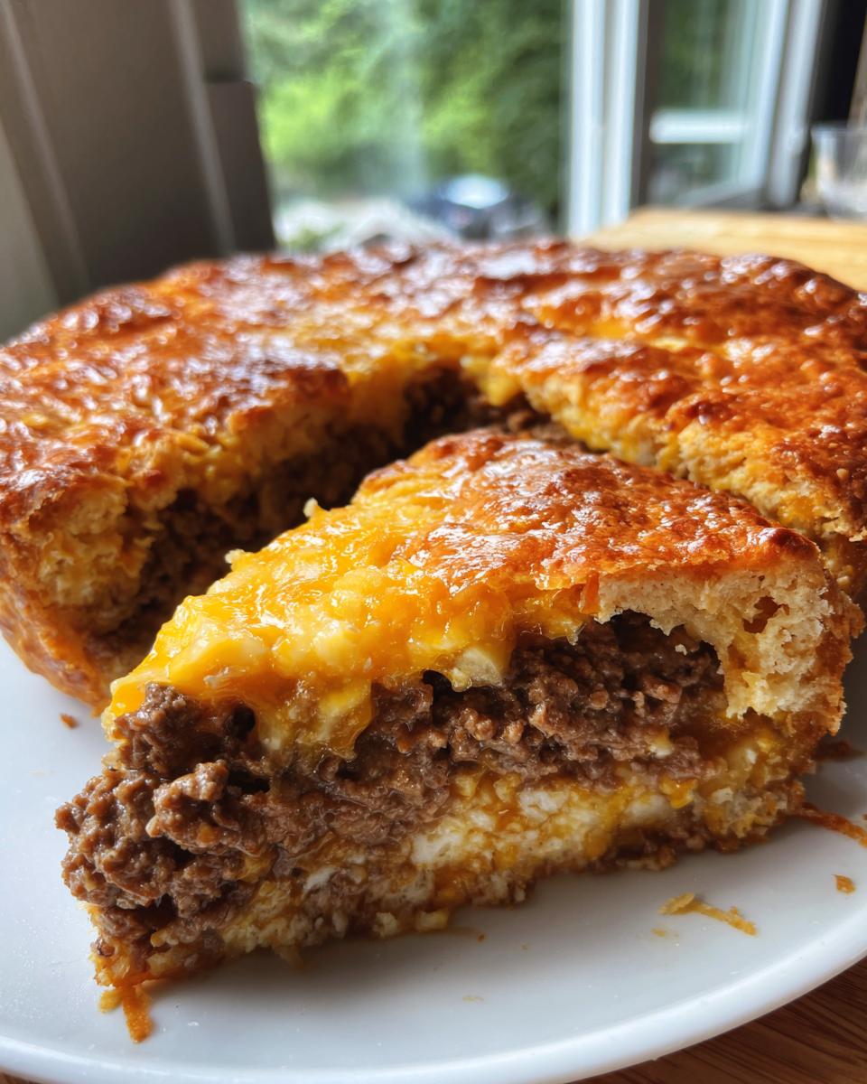 A close-up slice of southern style cheeseburger pie showing a thick layer of seasoned ground beef, cheese, and crust.