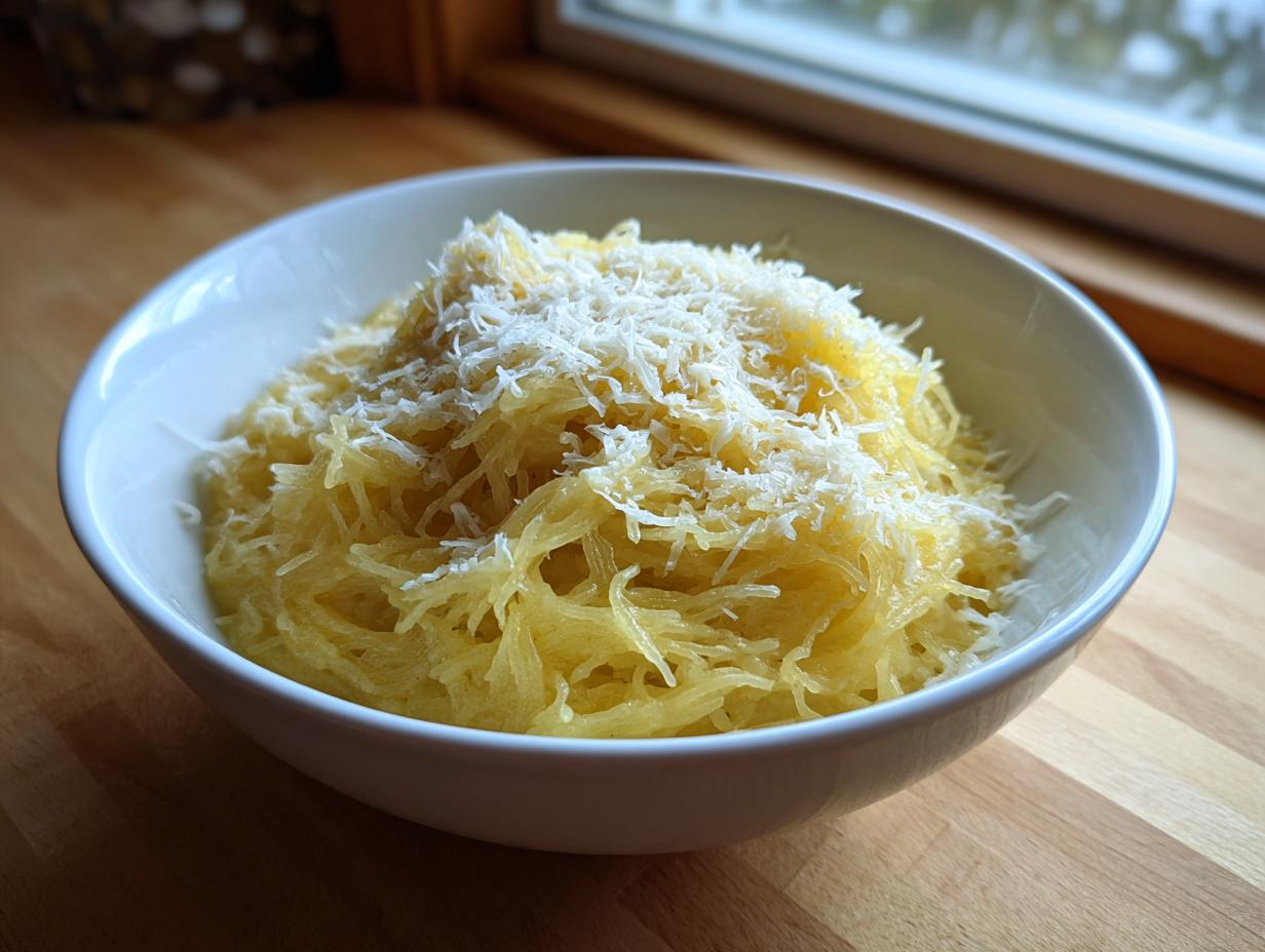 A white bowl filled with shredded spaghetti squash soup strands topped generously with grated white cheese.