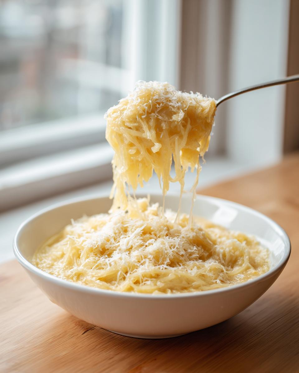 A fork lifts strands of cheesy spaghetti squash soup topped with grated Parmesan cheese from a white bowl.