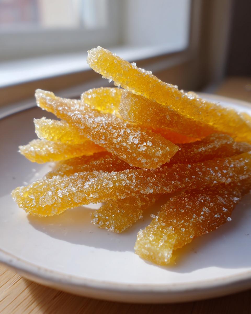 Close-up of bright yellow candied lemon peel sticks heavily coated in sparkling white sugar.
