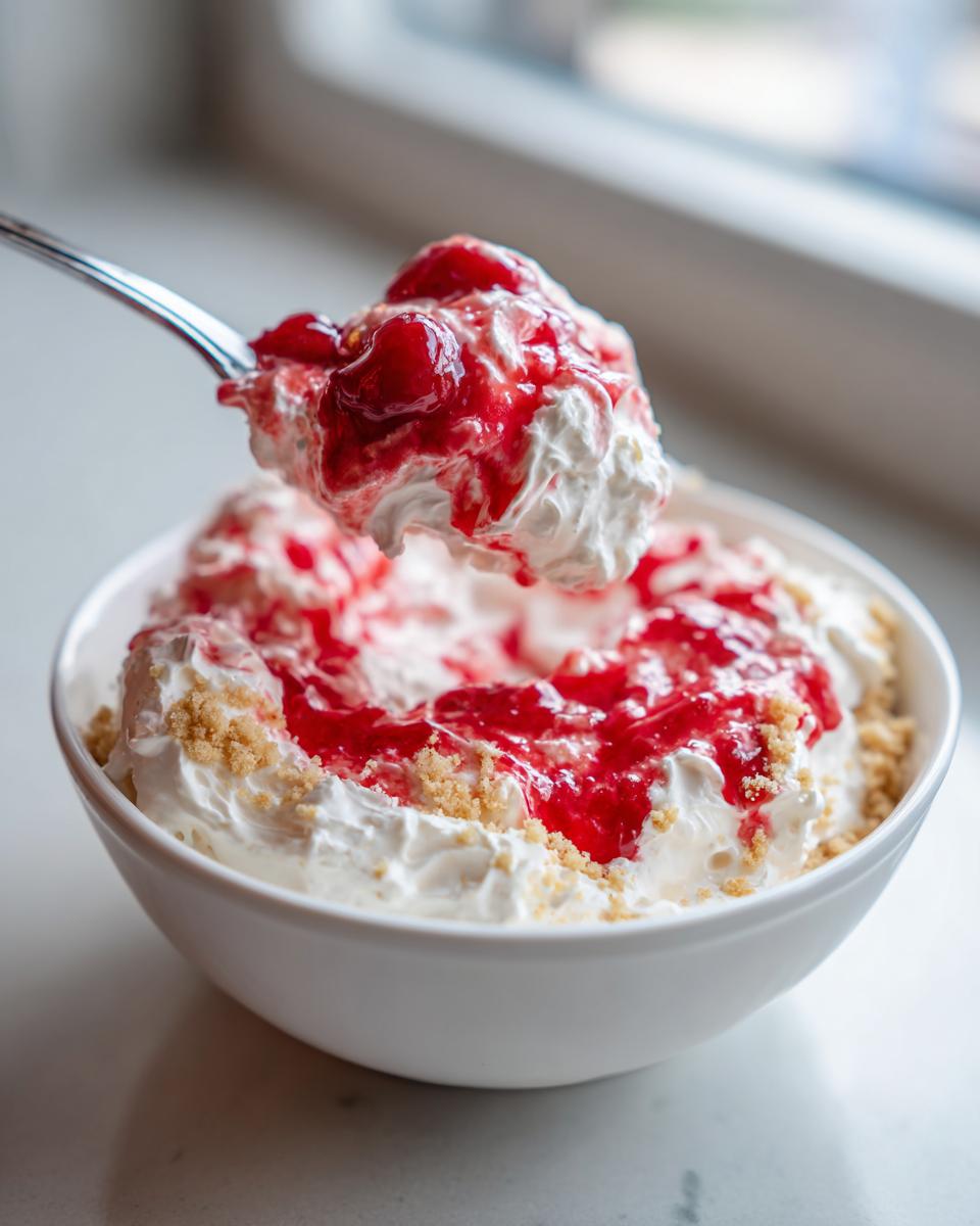 A spoonful of creamy white cherry cheesecake fluff topped with bright red cherry pie filling being lifted from a white bowl.