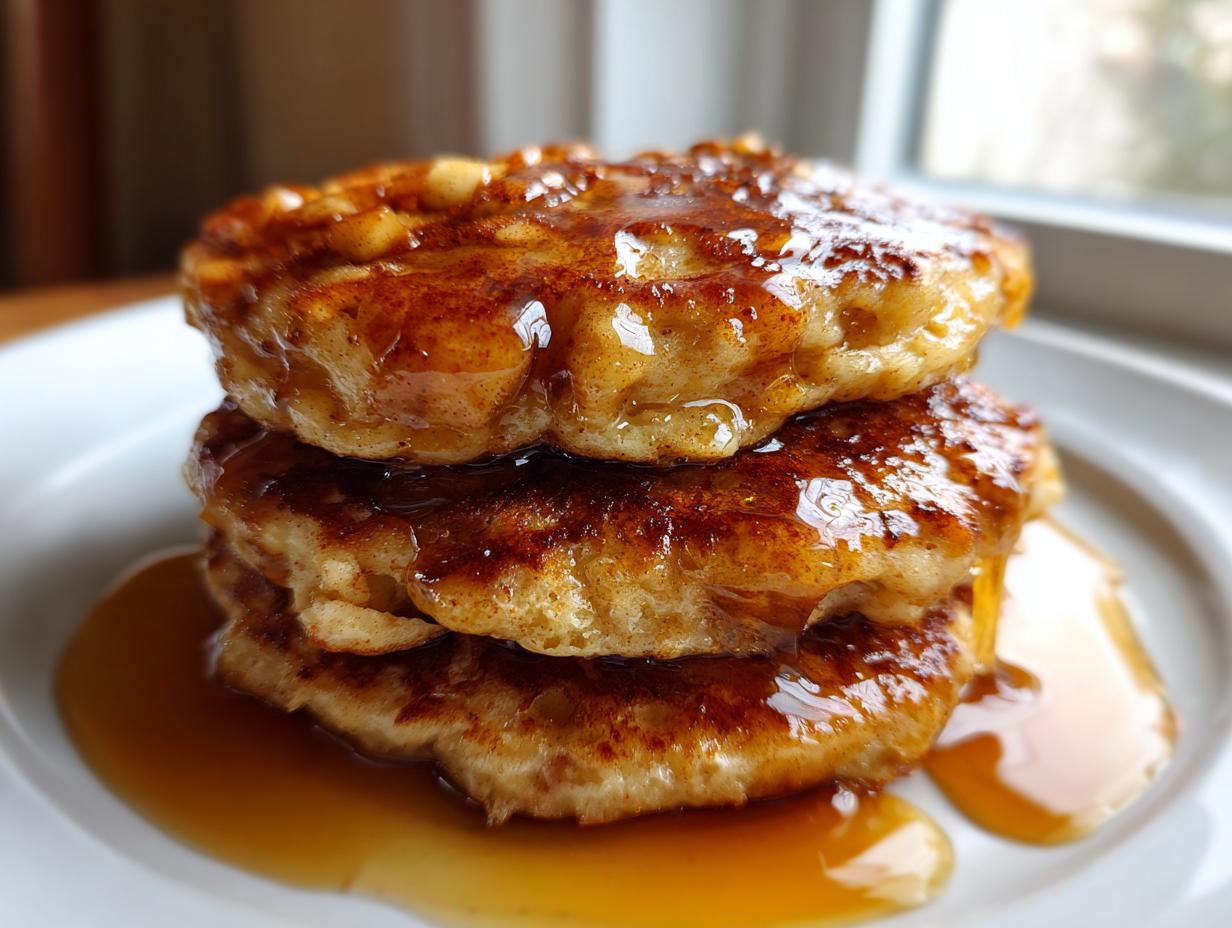 Close-up of a stack of three golden brown apple pancakes drizzled generously with syrup.
