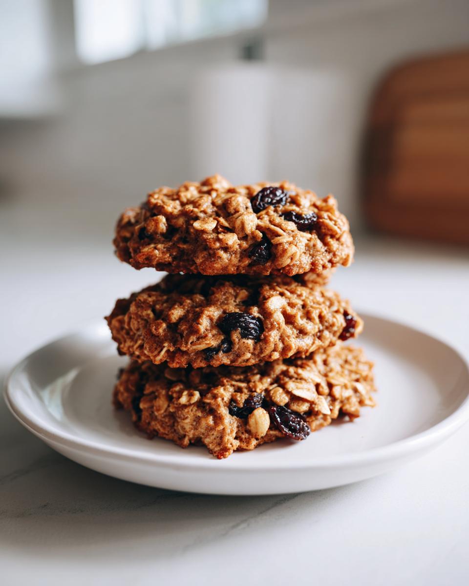 A stack of three freshly baked oatmeal raisin cookies resting on a small white plate.