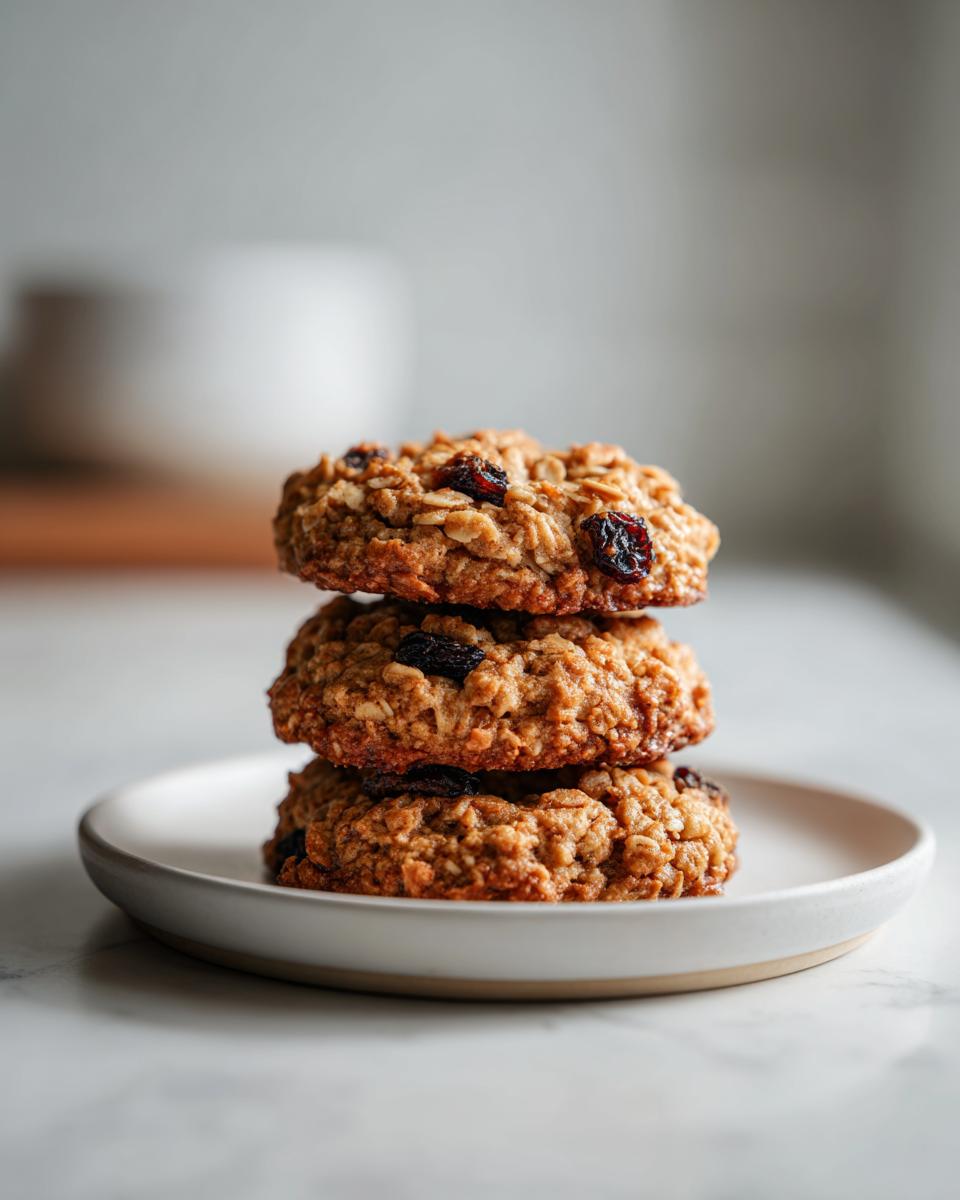 A stack of three perfectly baked oatmeal raisin cookies resting on a small white plate.