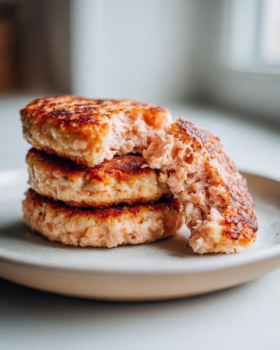 A stack of three golden-brown, pan-fried salmon patties, with the top one broken open to show the flaky interior.