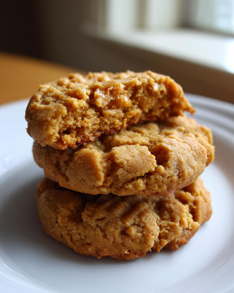 A stack of three softest peanut butter cookies on a white plate, with the top cookie broken to show the moist interior.