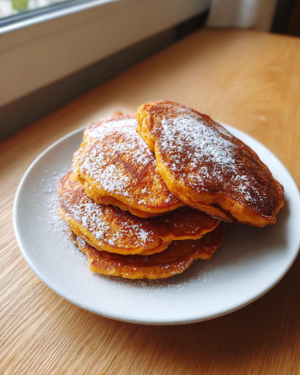 A stack of four golden-brown sweet potato pancakes dusted generously with white powdered sugar on a white plate.