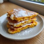 A stack of four vibrant orange sweet potato pancakes dusted generously with white powdered sugar.