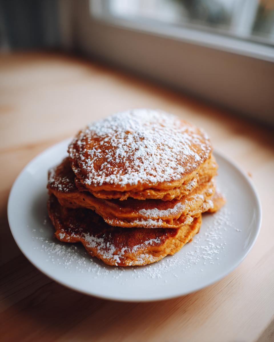A tall stack of fluffy, orange sweet potato pancakes generously topped with powdered sugar on a white plate.